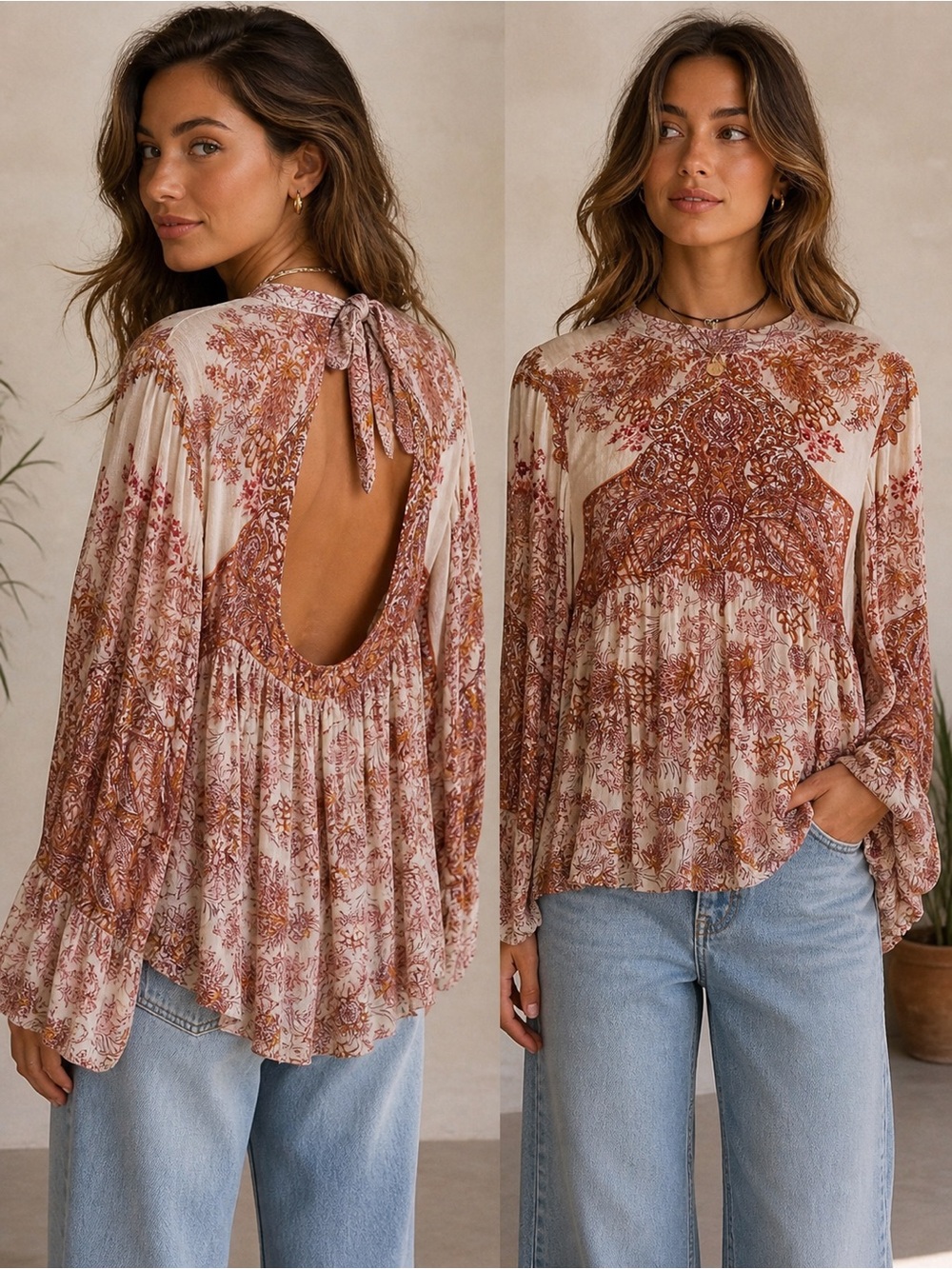 Free People Boho Open Back Blouse | EUC Small | Flowy Bell Sleeve Tie Back Top